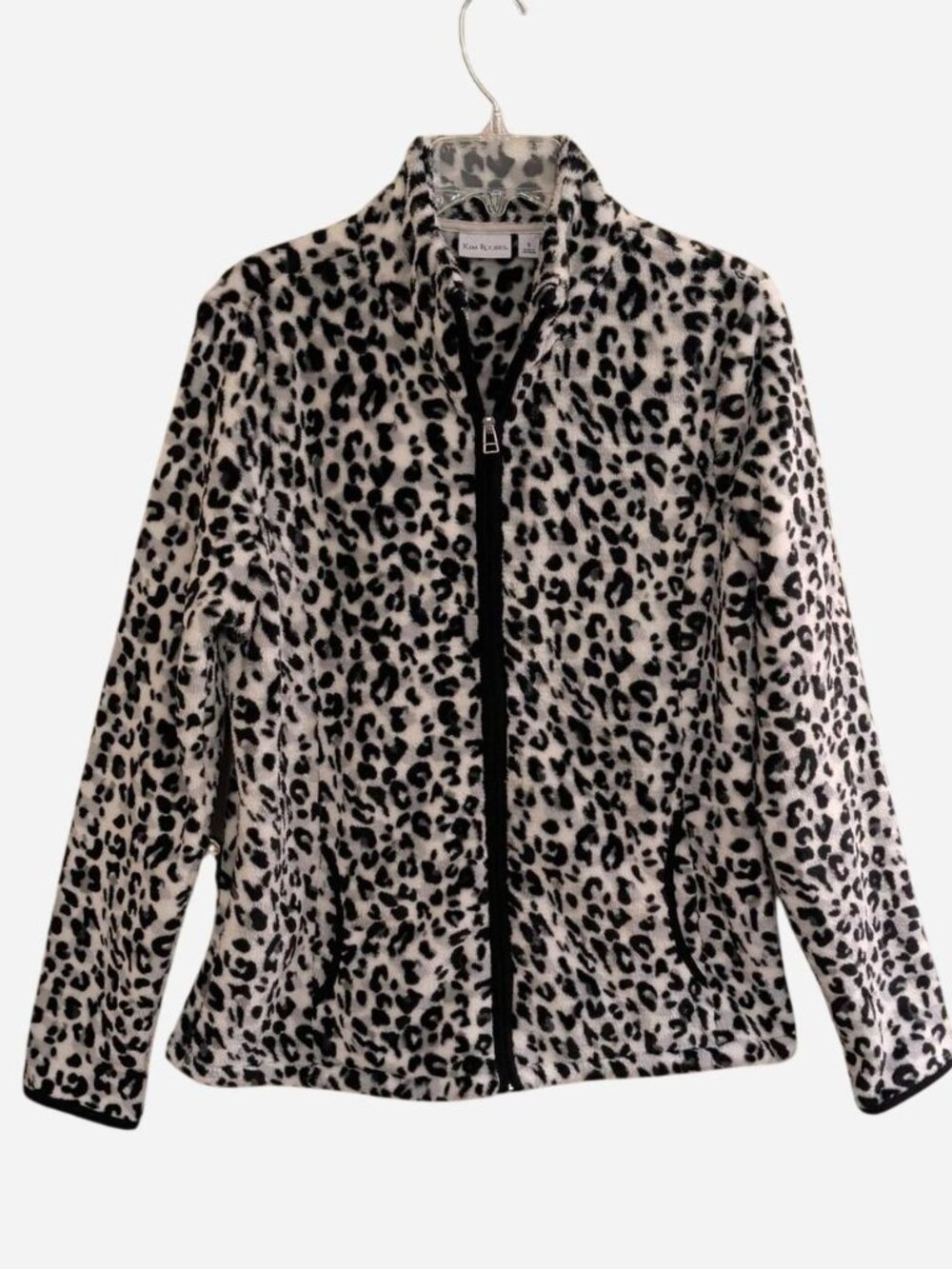Kim Rogers Black White Leopard Print Plush Fleece Zip Jacket Size S